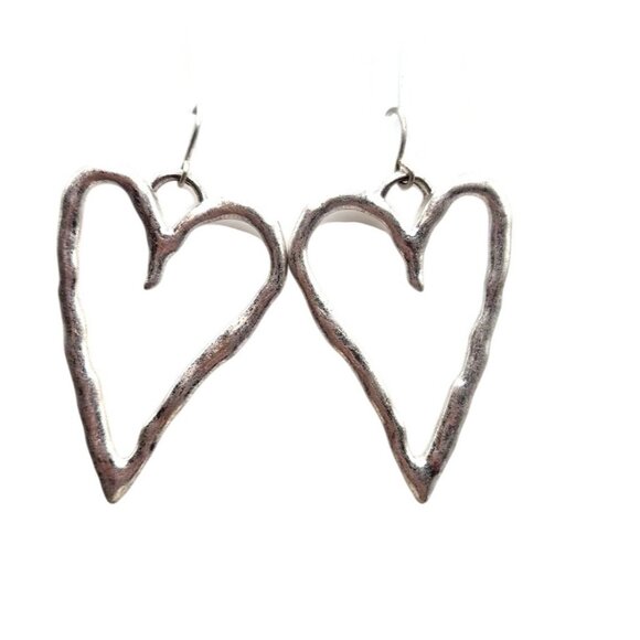 Silver Tone Heart Shaped Dangle Earrings - 2" - Picture 2 of 2